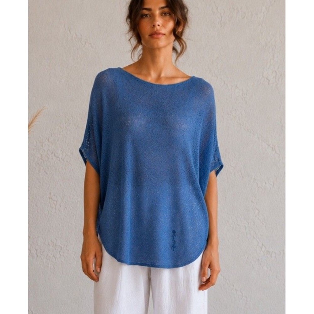 ME & ME Italy Oversized Knit Blouse Blue Lightweight Batwing Top OS